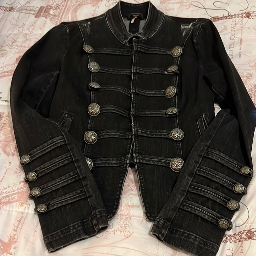 Black Free People Military Style Denim Jacket with Silver Buttons